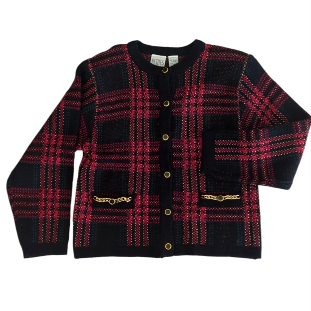Just for Petites Plaid Chain Link Cardigan Sweater PM Black Red